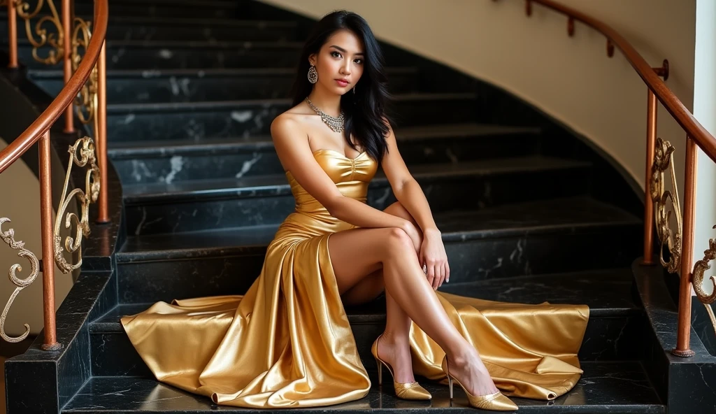 16K, Masterpiece, Photorealism, girl with dark long hair, girl in a beige dress posing on a balcony, in a beige dress, full length beige dress, beige dress, beige dress, young lady, sea in the background, vacation atmosphere