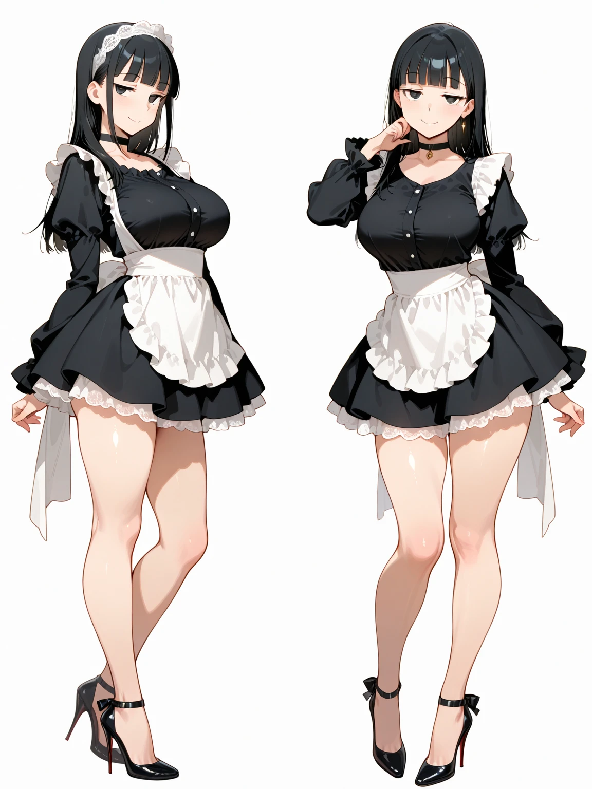 (comic style artwork with perfect anatomy) (masterpiece, best quality) masterpiece:1.6, best quality:1.4, real picture:1.2, intricate details:1.2, charturnerv2:1.2, full body character turnaround of 1lady, Appearance: milf:1.25, slender:1.3, brown eyes, afro, perfect body, medium breasts, medium chest, sharp eyes, cleavage, curvy (((Clothing: white maxi dress shirt unbuttoned, black knee high tights, black short miniskirt))) Accessories: golden ring, simple hoop earrings, (Hair: long black hair, curly hair), Makeup: natural, glowing skin, (simple background, white background:1.3), multiple views, Multiple views of the same character in the same outfit:1.3.