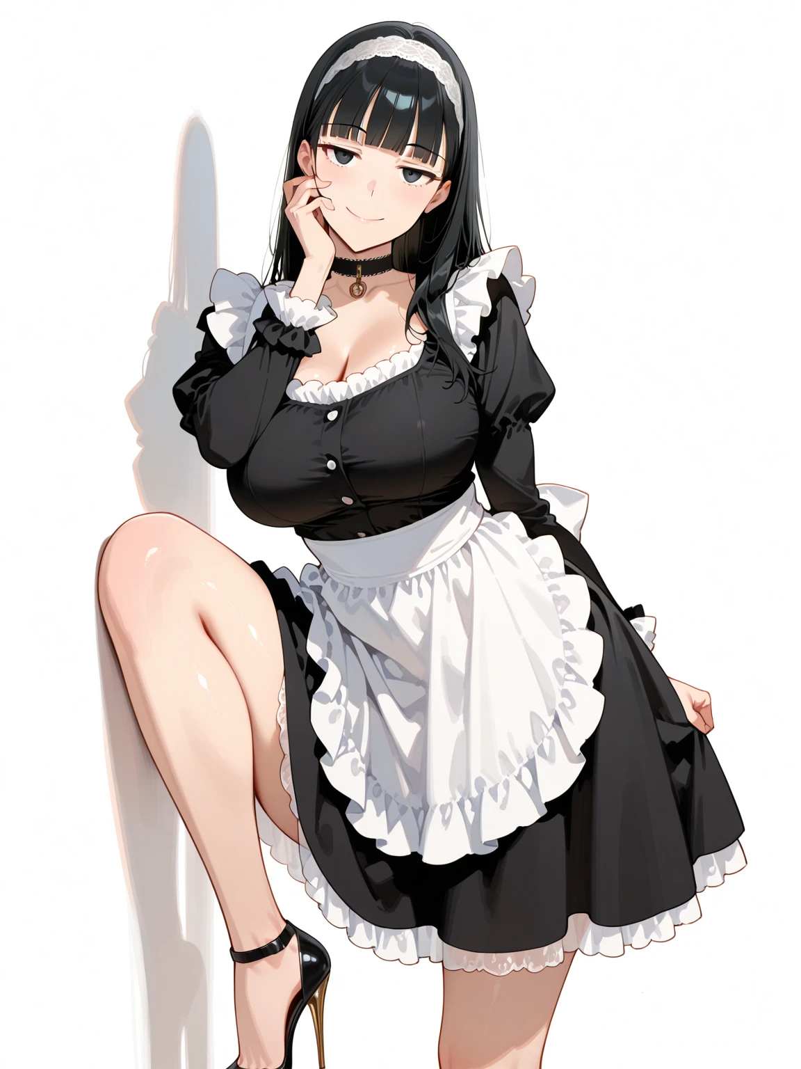 1girl,pov,black hair,light blue eyes,flustered,one-piece blackdress,(pov crotch:1),Embarrassed,big breast,maidapron,(White mob cap),puffy_sleeves,maid_apron, belt,thighhighs,masterpiece, best quality, very aesthetic, absurdres,(dress lift:1.5),(straight-on),(Panties)