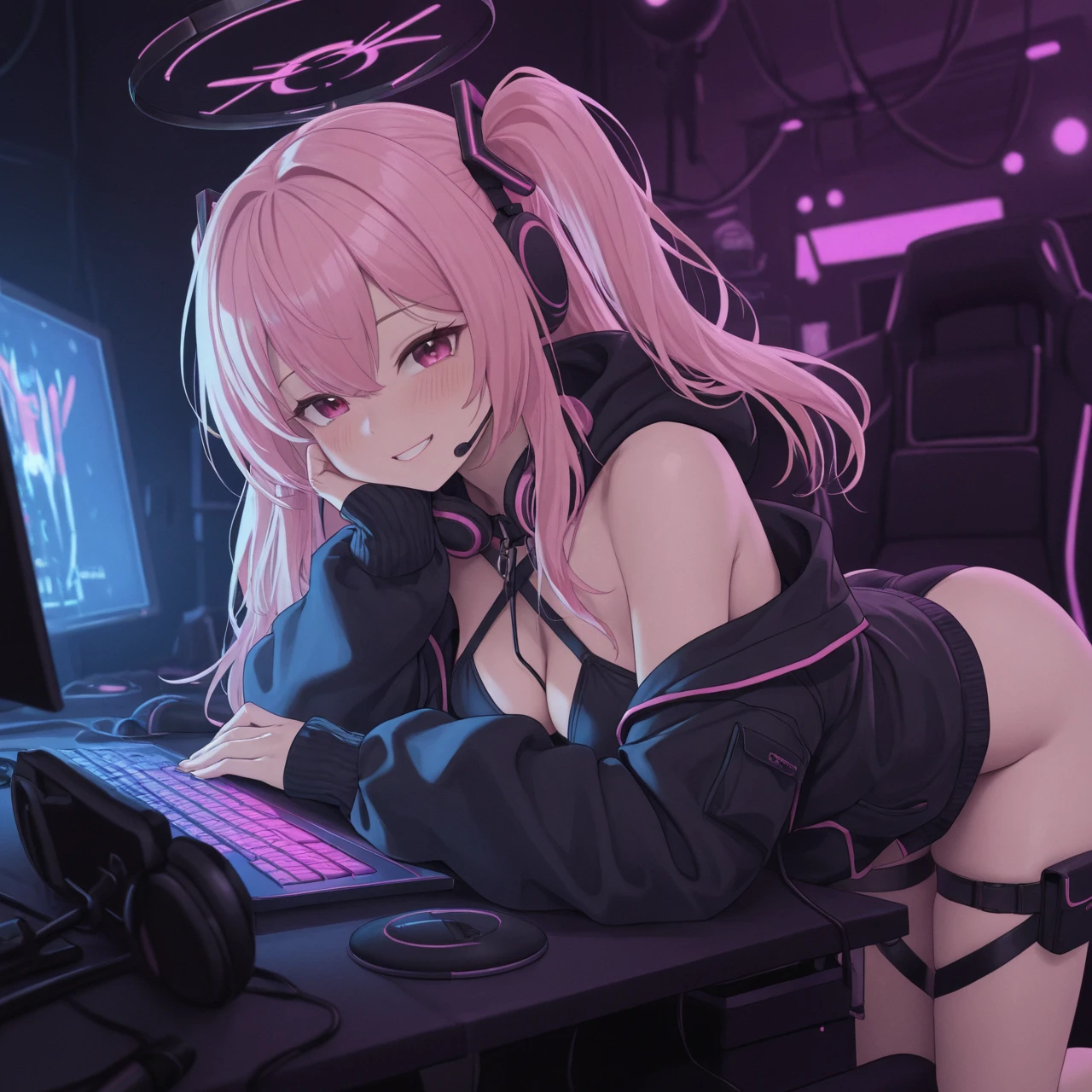 (best quality, masterpiece, ultra detailed, ultra high res, photorealistic, raw photo, absurdres, absolutely resolution) ,((1man and 1woman, having sex)), standing doggy, japanese, perfect eyes, (huge breasted:1.3), (sweating), naked, nude, (colorful room, colorful hair:1.3), cyber punk, pussy, perfect pussy
