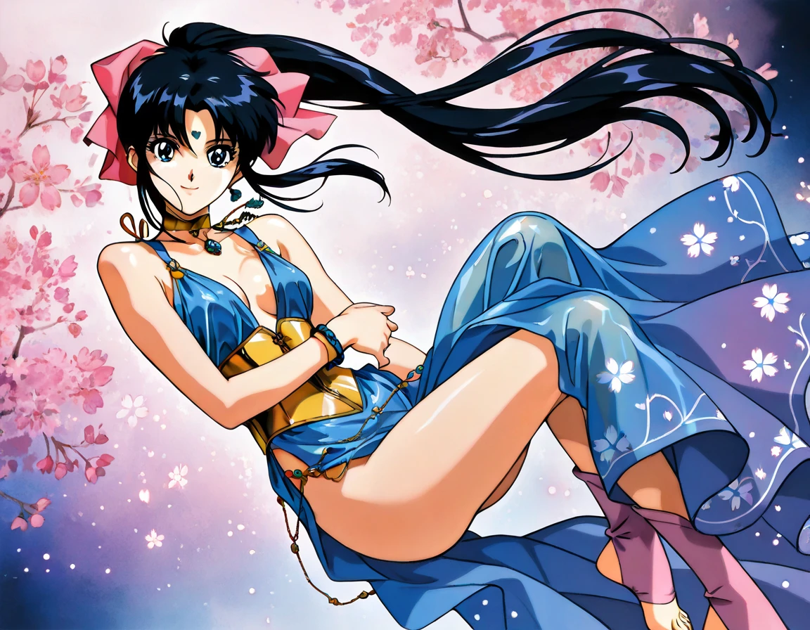 1990s anime cels style, 1990s manga style, best quality, high resolution, 1girl, huge breasts, midler, earrings, necklace, bandana, yellow scarf, star-shaped pasties, yellow loincloth, cowboy shot, veil, beach, squatting, spread legs, (from side:0.6)