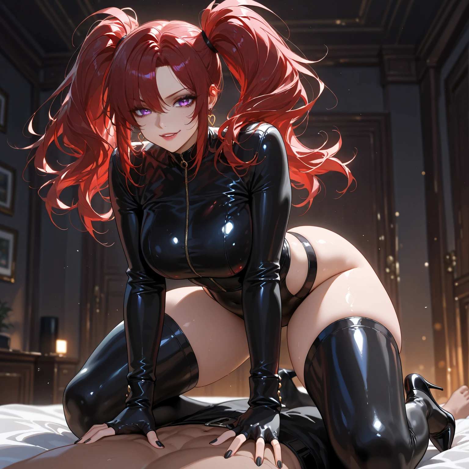 Highest quality,Highest Resolution,Sexy black bunny girl,Fishnet tights,Bedroom,Dripping saliva,Tears,Red hair,ponytail,whole body,underwear,
