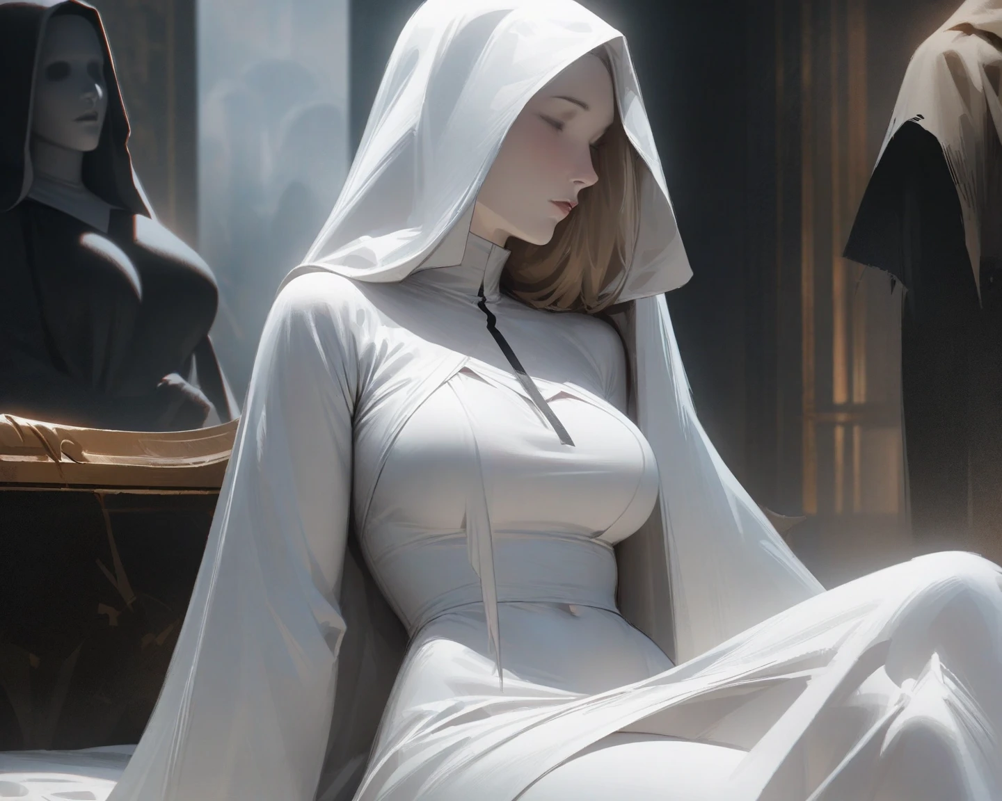 In the painting, a nun is dressed as a nun、woman holding candle, art of Wallop and greg rutkowski, Wallop art, art of Wallop, Wallop jeremy lipkin, Wallop | artistic germ, Wallop and krenz cushart, Wallop and artistic germ, artist artistic germ i and Wallop, karol bak of emma watson nun