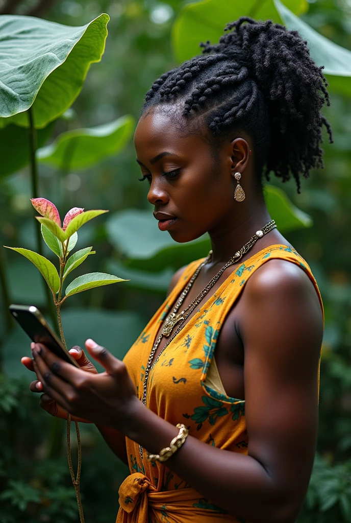A Brazilian woman in a marijuana plantation ,exuberante, wearing a tight dress in the color lgbt, with a close-up capturing the harmonious beauty between the face and breasts and the natural flowers, showing off your natural charm and outgoing personality, holding cell phone and a joint ,with a gold necklace with a marijuana leaf pendant,with dred&#39;s hair, white skin color