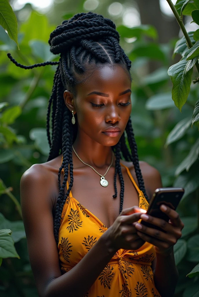 A Brazilian woman in a marijuana plantation ,exuberante, wearing a tight dress in the color lgbt, with a close-up capturing the harmonious beauty between the face and breasts and the natural flowers, showing off your natural charm and outgoing personality, holding cell phone and a joint ,with a gold necklace with a marijuana leaf pendant,with dred's hair, white skin color