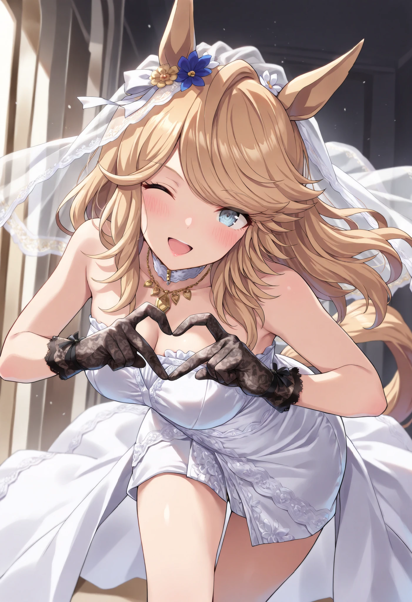 (masterpiece, best quality, perfect face:1.4), wide angle, gold city \(umamusume\), 1girl, floating hair, horse ears, horse tail, tail on the lower back, proportional body, proportional, beautiful hair, beautiful face, beautiful detailed eyes, beautiful clavicle, beautiful body, beautiful chest, beautiful thigh, beautiful legs, beautiful fingers, BREAK, beautiful bride wearing beautiful wedding dress, (bridal veil:1.5), (Transparent short veil:1.5), (tube top wedding dress:1.5), (Silk dress:1.2), (Strapless wedding dress:1.5), pure white dress, necklace, lipstick, (lace gloves:1.5), long white dress, BREAK, Leaning forward, look up, Tilt your head, (((Heart Hands))), BREAK, blush happy smile (open mouth), one eyed closed, textured skin, realistic skin, HDR, BREAK, good hands