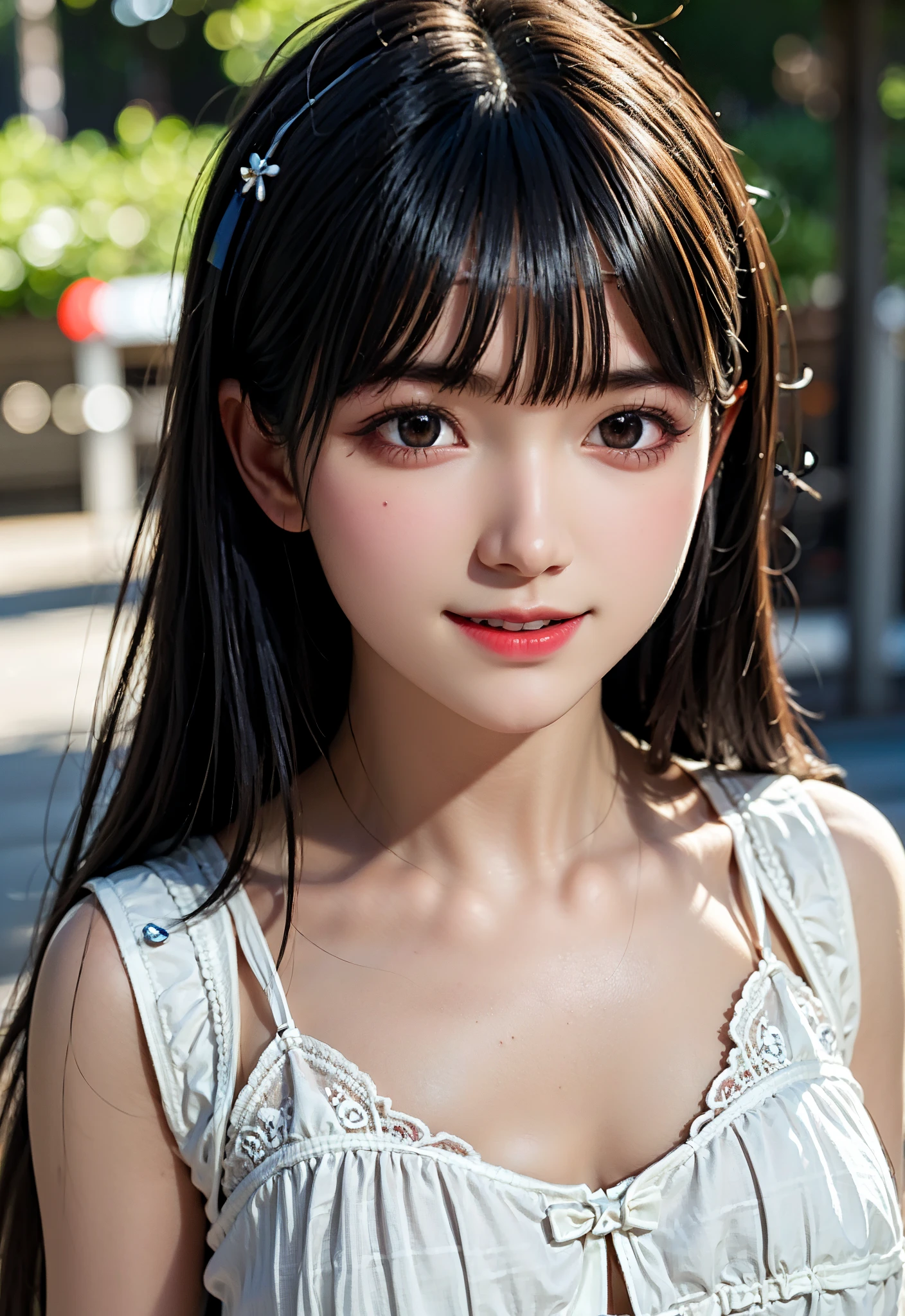 One Girl，(1人のとてもcute女の子:1.3)，masterpiece，Highest quality，High resolution，From below，Photorealistic，RAW Photos，Ray Tracing，beautiful girl，(15 years old:1.3)，cute，Big eyes，(detailed pupils:1.2)，(The face is facing straight ahead:1.3)，Body facing forward，Beautiful nose，Fuller lips，Short black hair，ponytail，short hair，Detailed eyelashes，Thin eyebrows，Very fine grain definition，(Symmetrical eyes:1.3)，(Face close-up，Face Focus:1.0)，Small breasts，Short neck，White swimsuit，White Bikini，The background is the sea，Southern Island，Blue sky，White cloud，Portrait，View Viewer，Upper Body，Cinema Lighting，High resolution，Very detailed