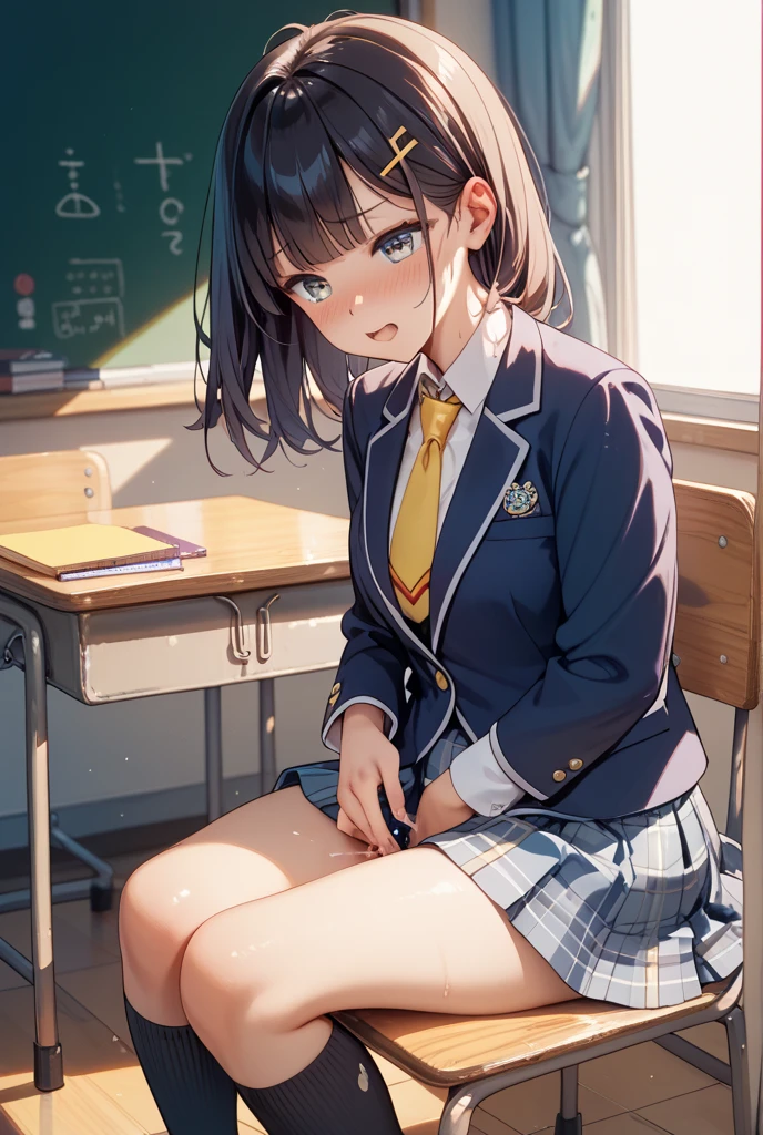 (8K、Highest quality、highest quality、masterpiece)、Detailed face、One girl、 Black Hair、Wavy Hair、Grey Eyes、Earrings、pink lip、evil smile、Moderate chest、((White collared shirt))、A bow tie、((Black pleated skirt))、white socks、loafers、squatting、Classroom Background