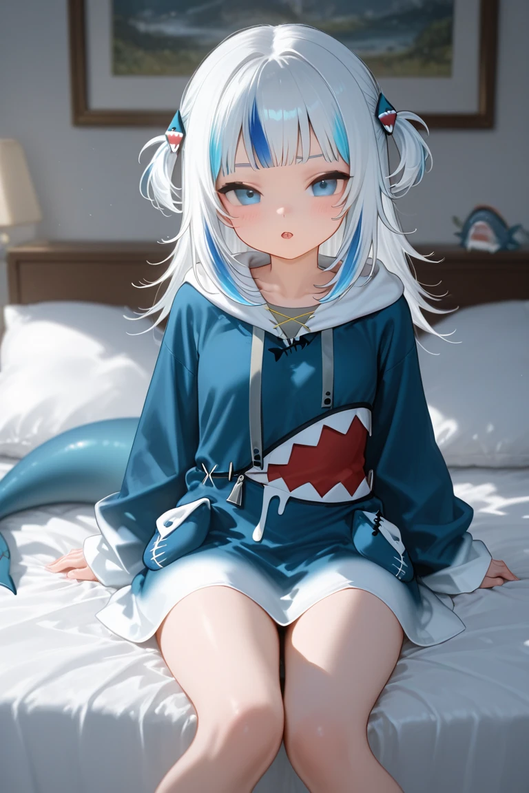 Best quality at best,Complicated details,1girl,White hair,eBlue eyes,sharp sharp eyes,messy hair,Blue highlights,dentes pontiagudos,Blue hoodie,Shark tooth design,naked leg,hair adornments,gawr gura,Shark Girl,Shark tail,Shark print, Blue hoodie, dentes pontiagudos, Animal hoods, shark hair ornament,Frontal photo,Sheer underwear,