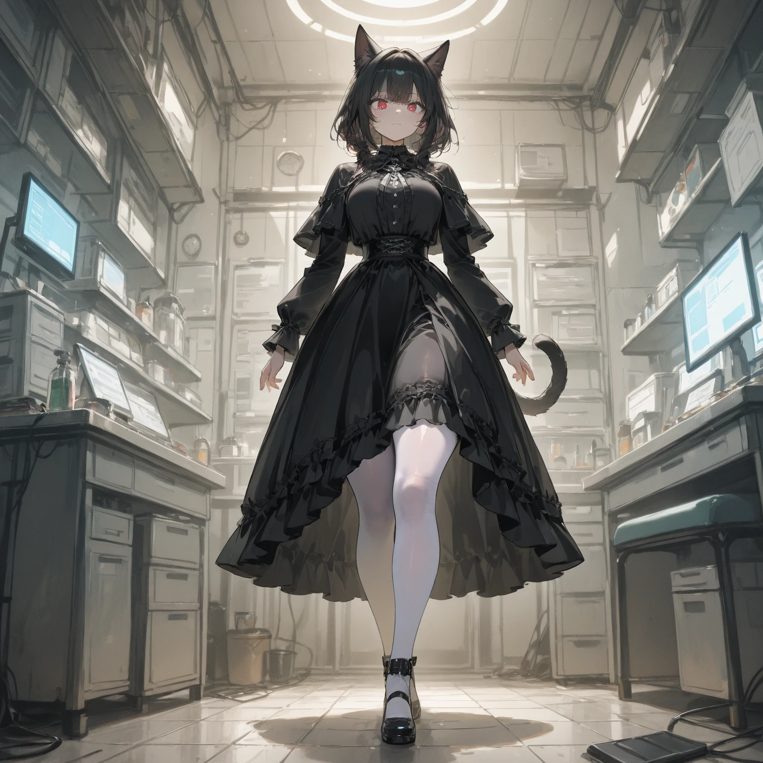 (Best quality),(Detailed), (1 girl),Kizi,a cat tail,There are cat ears on the top of the head,white thighhighs, short detailed hair,brunette color hair,Medium breasts,Orgasmic face,is shy