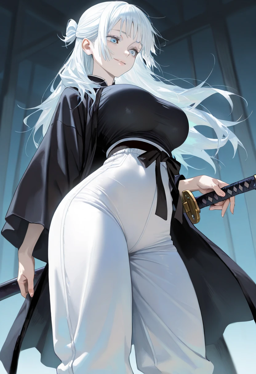lighting like a movie、top-quality、Dark Mage、Dressed in a dark robe、On the outskirts of the village、white hair、a miniskirt、Black panties、Colossal tits、