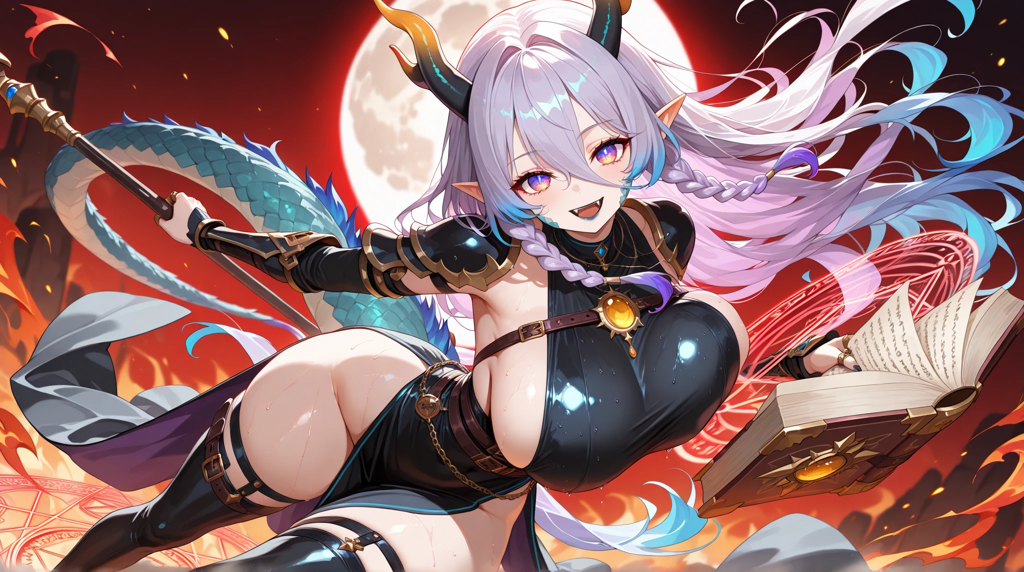 (masterpiece:1.1), (best quality:1.1), (night:1.1), shooting star, (starry sky:1.1), (in winter), (plum blossoms:1.05), floating city, floating castle, magic circle, 1girl, (solo:1.2), (dragon girl:1.25), (large breasts:1.2), cleavage, (covered, (no bra:1.25), cleavage cutout, pasties, (capelet:1.1), (detached sleeves:1.2), (heart cutout:1.2), (elbow gloves:1.05), (greaves:1.2), (armored dress:1.3), boots, (seiza:1.2), (crossed legs:1.15), (hand on own cheek:1.1), chair, (silver hair:1.2), (long hair:1.1), (hair over one eye:1.25), (red eyes:1.1), (dragon horns:1.2), (dragon tail:1.2),(dragon wings:1.2), (pointy ears:1.2), wavy hair, (looking at viewer:1.1), (looking down:1.15), (full body:1.15), (panorama:1.3)
