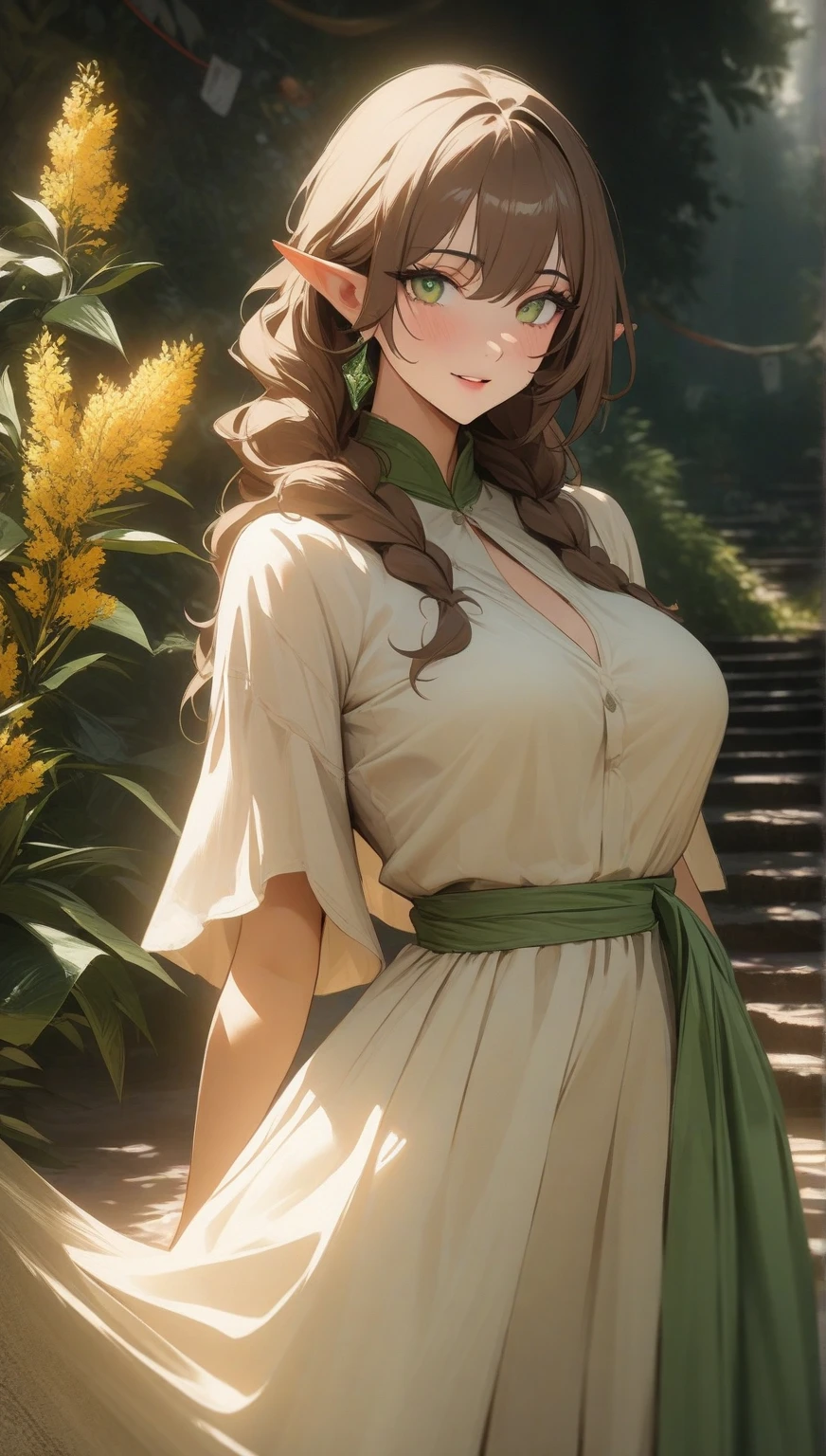 Best quality, 30 year old woman, massive breasts, brown hair, green eyes, skimpy robes, sunset, upper body, sexy, god rays, fluffy clouds, colourful forest