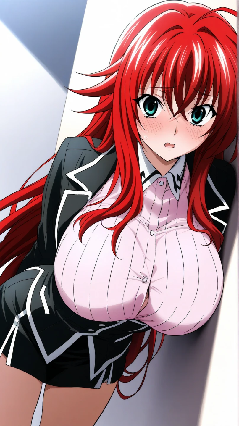 (anime art style:1.0), 2d, masterpiece, best quality, very aesthetic, absurdres, dynamic shadows, atmosferic, rias_gremory, (1girl), solo, red hair, antenna hair, long hair, blue eyes, detailed eyes, hair between eyes, bangs, big breasts, curvy body, makeup, black leotard, bunny ears, black ears, fake ears, white bow on neck, choker, eyes up, sexy smile, (cowboy shot), (looking at viewer), from below, squatting, spread legs, bedroom, on bed, indoors