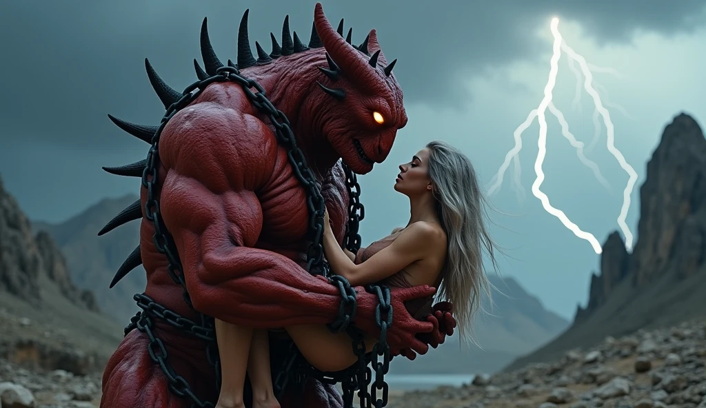 A highly detailed and graphic portrait of Billie Eilish in an unexpected and provocative scene, Explicit sex scene, penetration scene with a completely naked red-skinned devil, red skin demon has a horn on his forehead, the tentacle is attached to the red skin demon, image ultra realistic, with pale skin, pale and soft white skin, in a city street, pale porcelain white skin, hyper realist , image ultra realistics, hyper realistic style, body drenched in sweat, body covered in baby oil, body with bleeding wounds, body with deep cut on the belly, neck injury, The sunlight casts a bright glow on her very thin and pale body, contrasting with the vibrant energy of people and the environment. The focus is on the intense sex session, tentacle penetrates her completely open anus, the red skin demon's tentacle is penetrating her completely torn anus, resulting in obvious pleasure, a pool of blood. The scene is observed by a group of onlookers, who are attracted to the woman's thin body soaked in blood and sperm, it is raining in the image, the tentacle is extremely large, the tentacle is giant! The tentacle is huge, and blood drips from the woman's vagina, A lot of blood flows from the woman's vagina, the vagina is extremely open, the vagina shows the colon of the uterus, lots of blood spread all over the body, many injuries to the body, blood drips from your mouth, the devil is squeezing the woman's neck, demons in the background of the scene, on an avenue, with many people or background, public space, public looks at woman's body, spectators look at the woman's body, audience looks at woman's body