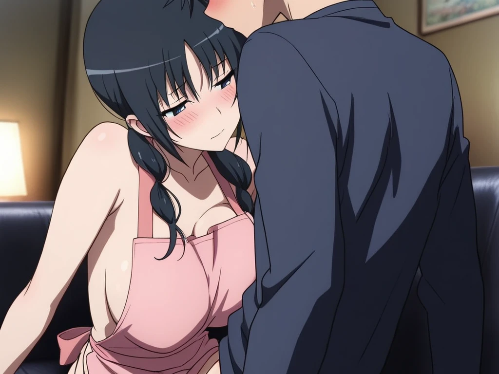Anime style、high-level image quality、Best Quality、1girl in、1male people、huge tit、Dark hair、Medium hair、with blush cheeks、nsfw、barechested、teats、In the house、breast grab from behind、breast grab