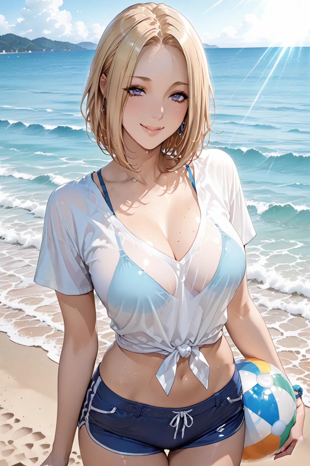 (masterpiece:1.2, top-quality), (realistic, photorealistic:1.4), beautiful illustration, (natural side lighting, movie lighting), depth of fields, nsfw:1.2,
looking at viewer, cowboy shot, super close-up looking, 1 girl, japanese, gravure Idol, high school girl, perfect face, cute and symmetrical face, suntan, shiny skin, slender,
(short hair:1.2, blonde hair), brown eyes, realistic pupils, long eye lasher, (large breasts:0.8, thigh thickness:1.0) ,
beautiful hair, beautiful face, beautiful detailed eyes, beautiful clavicle, beautiful body, beautiful chest, beautiful thigh, beautiful legs, beautiful fingers,
((wearing a swimsuit that emphasizes smiling buttocks), choker, wrist chakra),
(beautiful scenery), tropical beaches, (versatile sexy poses), (lovely smile, upper eyes),
