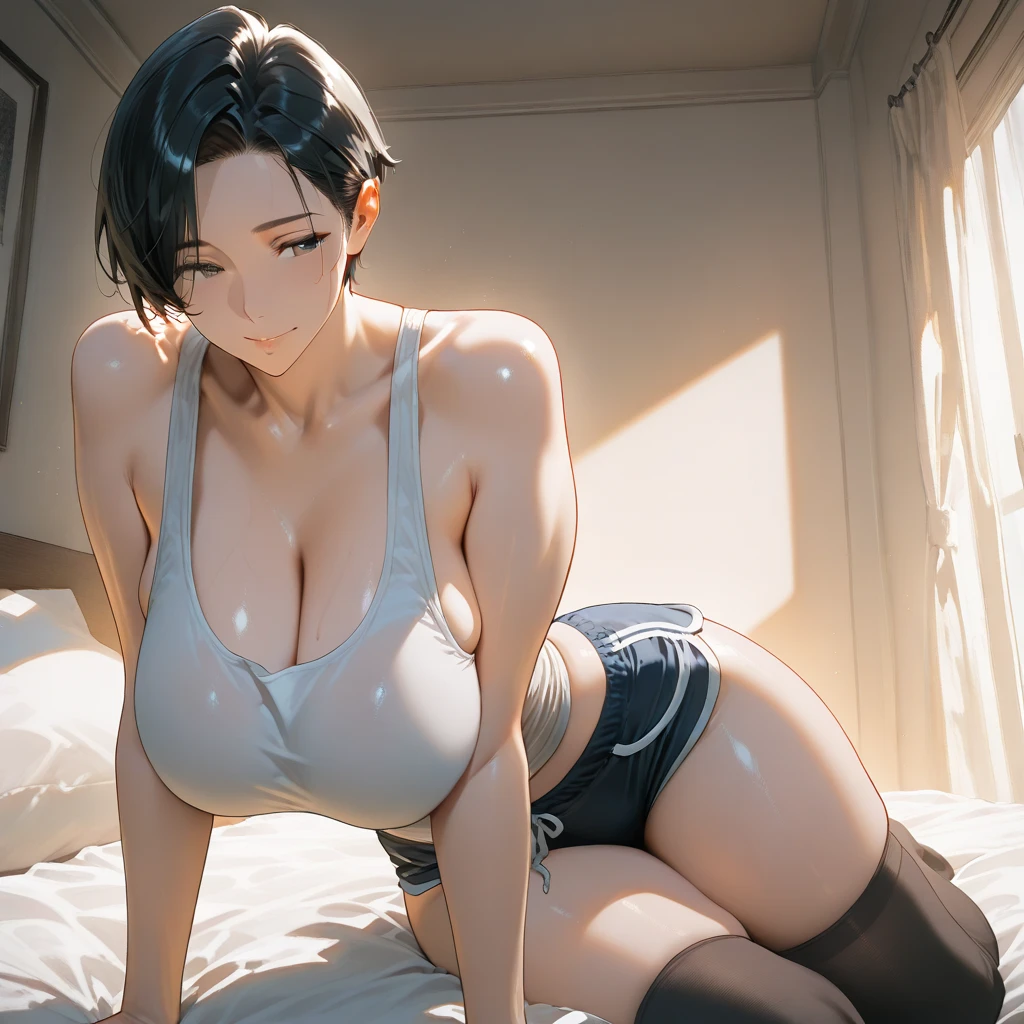 25 year old Japanese woman,(非常にdetailedな肌),Curvy,,Beautiful big ,(Very large breasts),Pale skin,Pointed Chest,Erect nipples,(Fantasy art,Best image quality,Hyperrealist portrait,(8k),Ultra-realistic,最high quality, high quality, High resolution, high quality texture,Attention to detail,Beautiful details,detailed,Extremely detailed CG,detailed Texture,Realistic facial expressions,masterpiece,in front,dynamic,bold),(((short pixie cut))),(Very thin hair),(Very soft hair),(Super Straight Hair:1.5),length, sleek bangs,Very light coppery amber hair,Hair in one eye、(((Wearing a Hooters uniform)))　(((Sit astride a high-backed chair)))　(((Sit with your chest against the backrest)))　(((Rear View)))　(((Photo from behind)))　(((Nothing under the shorts)))(((Pants are wet and sheer)))　(((彼女はAccentuate your buttために背中を反らせている)))　(((The lines of the body are clearly visible)))、(((Depiction of beautiful fingers)))　(((Beautiful body depiction)))　(((Sit with your legs apart)))、(((Accentuate your butt)))、(((Full body photo)))、(((Low angle photo)))、(((Correct ankle orientation)))(((Correct number of legs)))　(((Accurate body composition)))