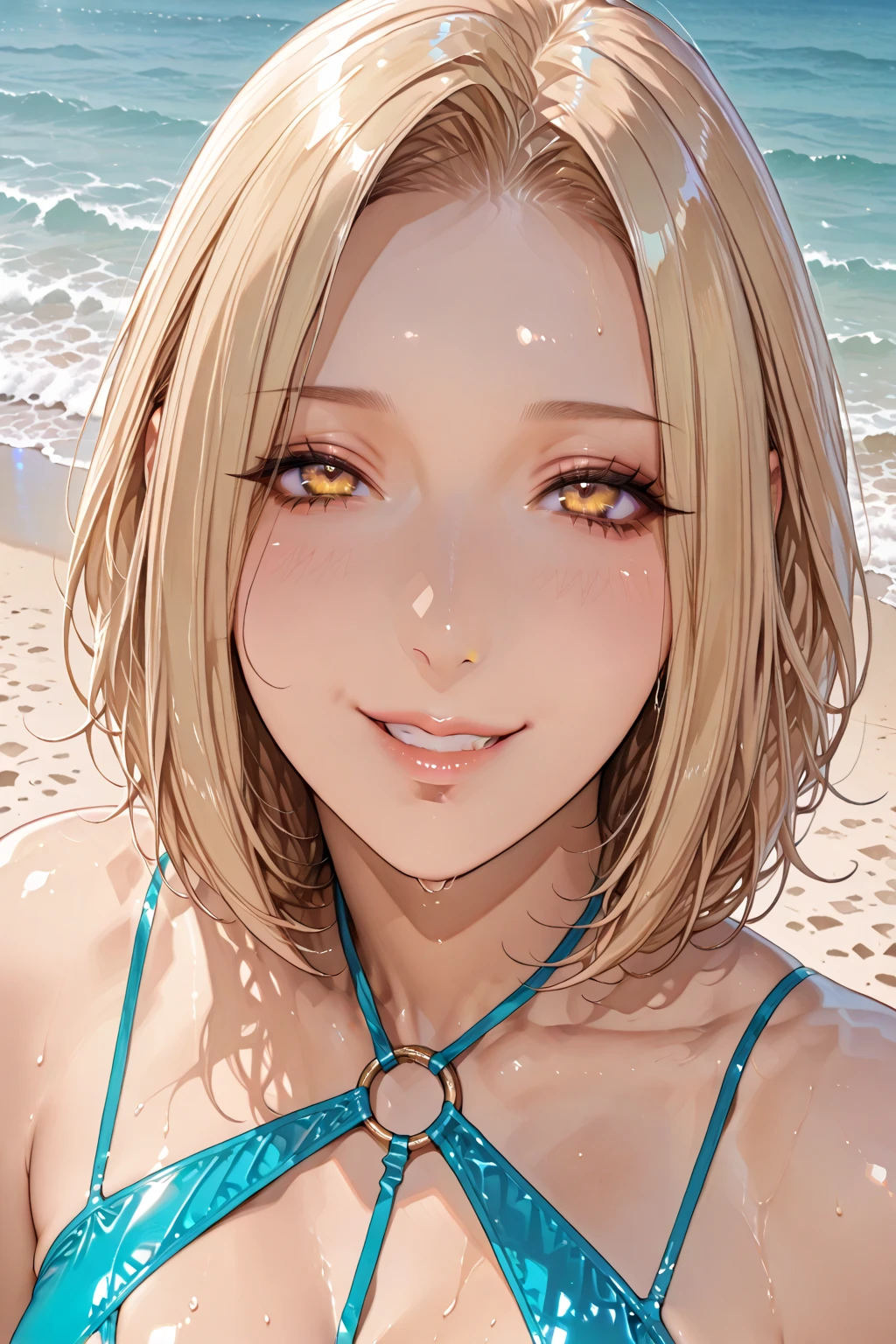 One Woman, Highest quality, masterpiece, Super Resolution, Large Breasts, Idol, Beauty, ((From the front 1.2)), Cleavage, 8k, High resolution eyes, High-resolution contours, ((Forehead visible 1.3)), Stylish, High-resolution pupils, blush, High resolution face, High resolution breasts, Ultra HD, Open your mouth, Upper Body, High resolution mouth, Sexy body, ((Super cool face 1.5)), ((Hanging 1.6)), short hair, Broken bangs, Blonde, Yellow Eyes, model, Mature Woman, Adult women, Beautiful clavicle, High resolution hair, Mother, maternal, Micro Bikini, Underboob, Sideboob, Beach, Married Woman, couple, super beautiful, Charm, Alluring,