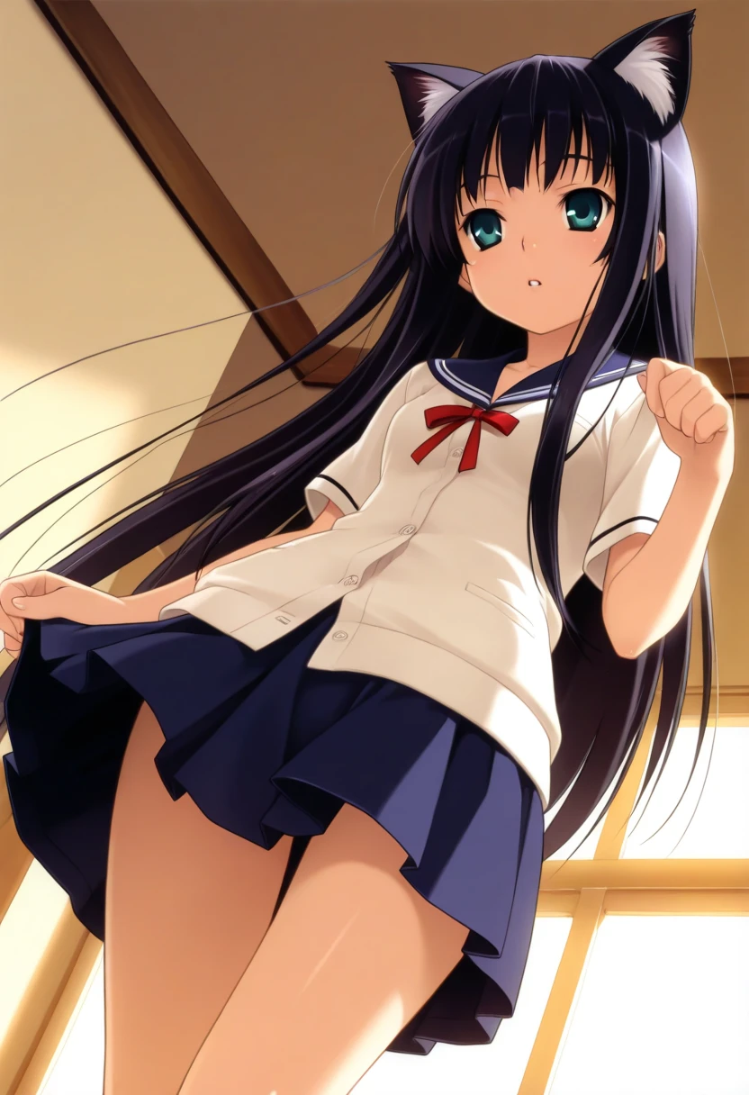 school hallway 8-year-old flat chest blhair g hair The eyes are purple ((1 person)) Upper height sleeve sailor suit Lower body navy blue miniskirt white panties((white pantiesが見える)) white socks sports boots Crouching in the hallway dynamic angle Low angle from the front