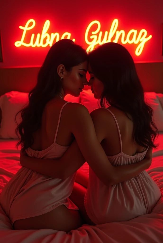2 women in orange lingerie, big breasts, huge buttocks, hugging, sitting on massage bed, fox ears, in luxurious spa, at the bottom golden tantric figure, Candles in the background, media light