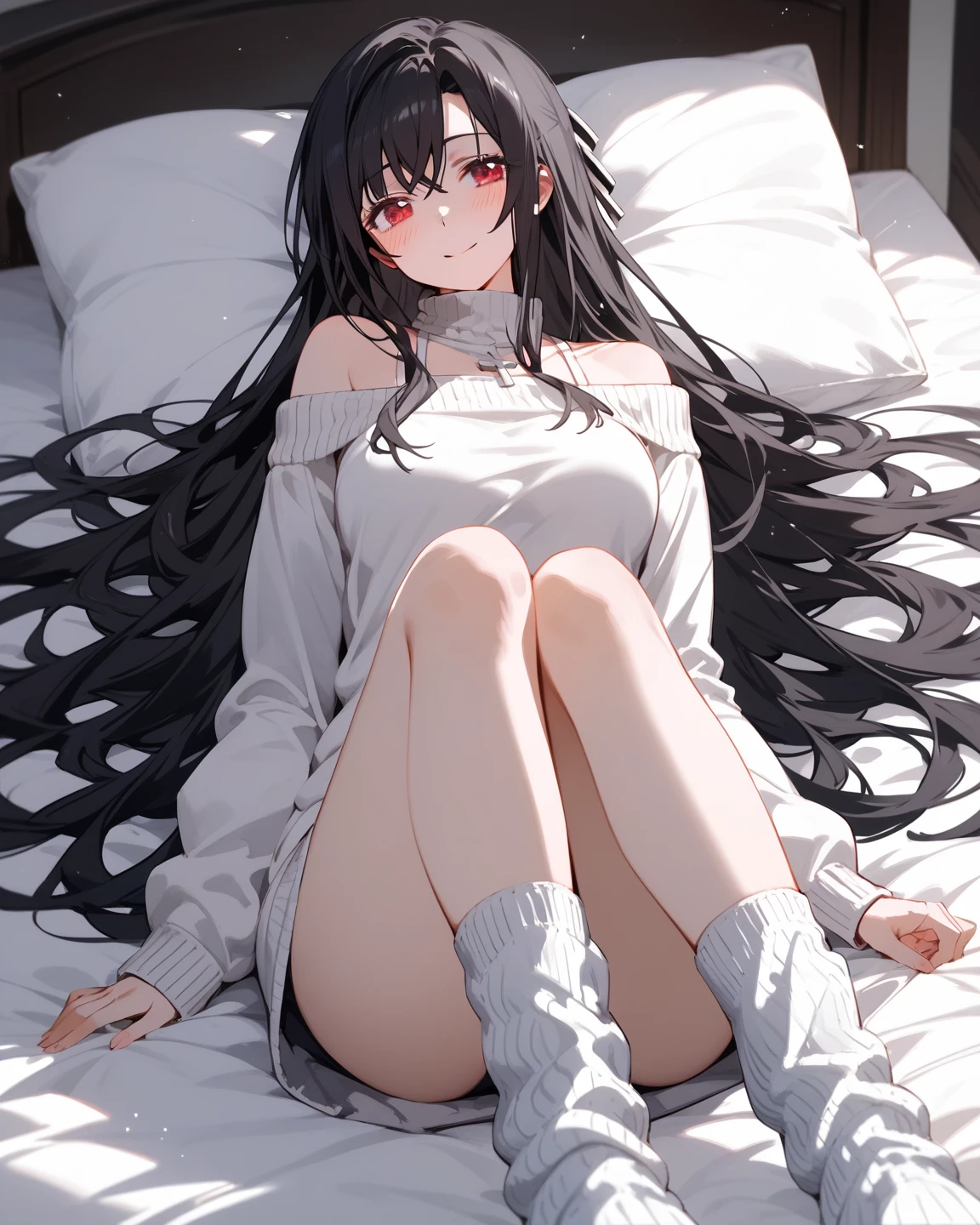 1girl,thighhighs,anklet,black hair,straight_hair,hime cut,long hair,sneakers,huge filesize,