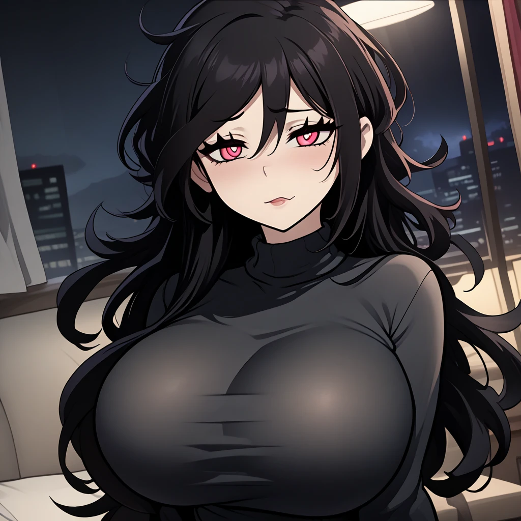 girl, with giant breasts, black fur, wide, crimson eyes, black dress