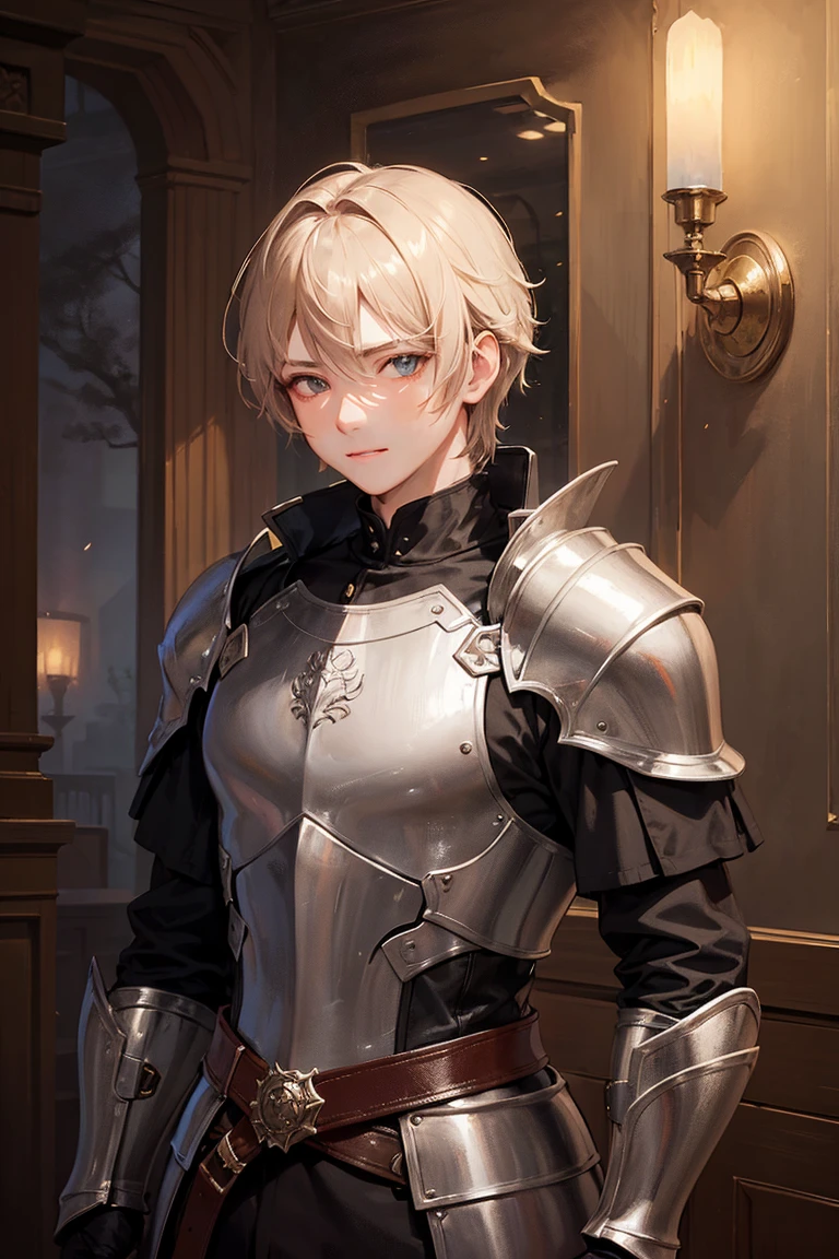 man, muscular, short curly hair, pixie hairstyle, blond, Red eyes, in armor, shoulder length portrait