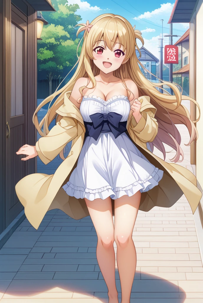 One Girl、Blonde、Long Hair、Shiina Mayu、positive、Standing posture、Full body portrait、Medium Haircut、blush、Absolute area、No panties、No bra、barefoot、White dress、Off-the-shoulder dress、（Very large breasts）、Cleavage、((Lesbians around the world))、masterpiece、（highest quality）、barefoot、White Sandals、Bare your breasts、sunflower、Outdoor、Very short skirt、Thighs、Straw hat、((Exposing the breasts))、((Bare your breasts))、Showing nipples