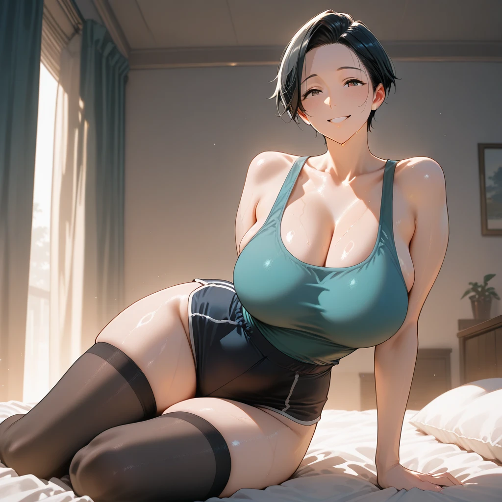 Black Hair Short Bob、No bra、Unnaturally large breasts、Big butt、Her breasts are visible、Wrinkled white large tank top、サイズの大きいsnow-white underwear、snow-white underwear、Sitting with legs down on the bed at home、Uncle with a topknot、Ultramarine suit、With my uncle