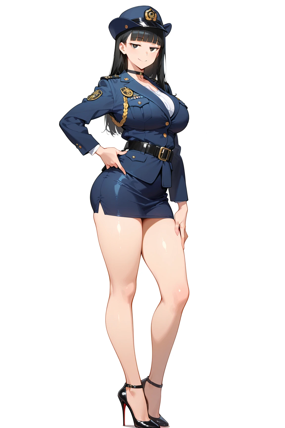a woman, standing, ((full body)), ((solo)), (dynamic pose:0.9), photorealistic, (hyperrealistic:1.2), beautiful, masterpiece, best quality, extremely detailed face, perfect lighting, medium breasts, (wide hips:1.2), nsfw, (from front), glowing, , (( black long hair)), perfect eyes, large eyes, curly eyelashes,(( dressed as a police officer)), ((white mini skirt)) , (exited face:1.1) , ((perfect face)), ((fishnets)), (((horny))), (((simple white background))), ((perfect hands)), (red rose on the head), (perfect hands),