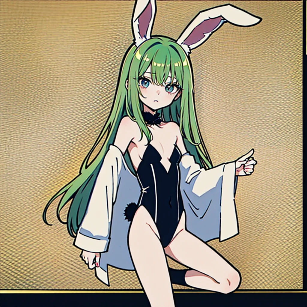 1 girl, alone, c.c., expressionless, frowning, (masterpiece, best quality, ultra detailed, best shadow, volumetric lighting), (beautiful detailed face, beautiful detailed eyes), (best lighting), orange eyes, long hair, green hair, (white playboy bunny outfit: 1.1), white headband, white bunny ears, black pantyhose, hand, holding hip, (cowboy photo: 1.3), medium breasts, medium waist, wide hips, wide thighs, round butt, castle, room, bedroom, clear lighting, standing, looking at the viewer, looking from the front, focused on the breasts, point of view (from above), mksks style, sexy body, beautiful background, professional lighting, landscape with warm colors, perfect anatomy, perfect hands