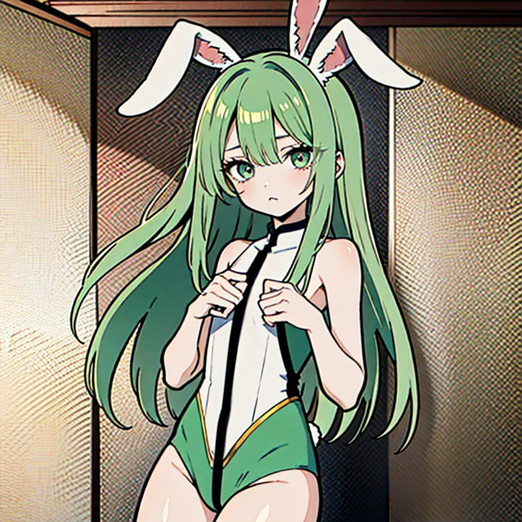 1 girl, alone, c.c., expressionless, frowning, (masterpiece, best quality, ultra detailed, best shadow, volumetric lighting), (beautiful detailed face, beautiful detailed eyes), (best lighting), orange eyes, long hair, green hair, (white playboy bunny outfit: 1.1), white headband, white bunny ears, black pantyhose, hand, holding hip, (cowboy photo: 1.3), medium breasts, medium waist, wide hips, wide thighs, round butt, castle, room, bedroom, clear lighting, standing, looking at the viewer, looking back, from behind, focus on the ass, point of view (from below), mksks style, sexy body, beautiful background, professional lighting , landscape with warm colors, perfect anatomy, perfect hands