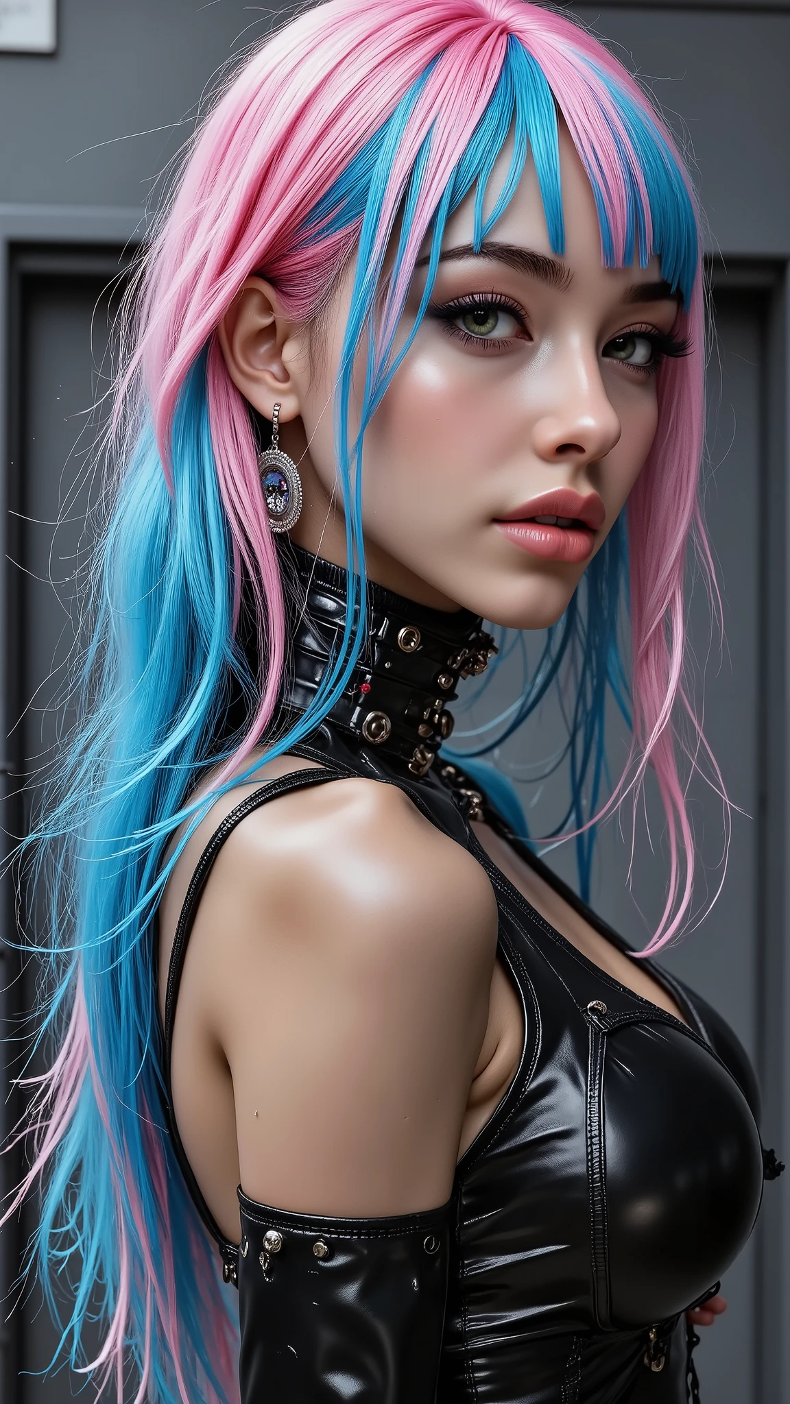  [Style: "masterpiece, realistic, (photo realistic Realism), ultra-detailed, Hyper high resolution"](Key Directive: - ("The priority is the anatomical accuracy and texture of the materials" - "Ultra-sharp human eyes with biological accuracy") { "Eyes: (acid-resistant terminology) (macro-details:1 . 5): * Moist corneal surface (visible aqueous layer:1 . 2) * Hyper-detailed iris stroma ((brown) with gold flecks) * Precise limbal ring (slightly darker pigmentation:1 . 22) * Pupil micro-texture (irregular edge authenticity:0 . 9) * Vasculature in sclera (subtle red veins radiating from limbus)" - "Lashes: blue individual synthetic fibers (crosshatched roots:1 . 2 , clump-free separation)" Technical Specs: (Optics: - "Zeiss Otus85mm f/1 . 4 lens (eye refraction calculations:1 . 3)" - "Shutter Speed:1/500 (freeze eye micro-movements)" - "Focus Stacking:7-point coverage on iris plane") (Post-Processing: - "Frequency separation for skin vs eye details" - "Selective sharpening: eyes200% , hair80%" - "Denoise: luminance20 , color35 (retain corneal speculars)") (Avoid: "pupil distortion , uncanny valley asymmetry , plastic-like wetness") ((a cute and very beautiful, 1 Japanese, 30yo, famous Kpop idol:1.35)), (ultra realistic texture details: velvety skin, hair),(extremely beautiful face), ((Fake BIG breasts:1.3)), perfect female body,(((Beautiful long legs in good style:1.3))),((no bra, no panties:1.3)), (medium butt),((perfect female thick hips)),(perfect hot model body:1.4),((slim belly: 1.2)),(muscular body),((red and blue stylish hair:1.35), extremely detailed:1.33), dressed in a slave outfit (made of latex:1.3), (dressed in tank top (latex with chains:1.3)),long pants (tight black lace-up latex:1.4)., Depth of field, cinematic light, Lens flare, dslr, best high quality soft lighting, sharp focus captured by Fujifilm XT3, f 5.6,(((full body shot:1.5)))