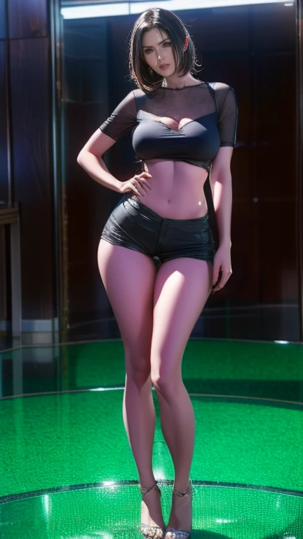 (8k, RAW photo, best quality, masterpiece:1.2), (realistic:1.3), (photorealistic:1.3), ultra-detailed, (high detailed skin:1.2), 8k uhd, dslr, soft lighting, high quality, film grain, Fujifilm XT3, best quality, beautiful lighting, 1girl, long hair, side swept hair, ((pink hair)), pink eyes, normal ears, smug, standing, full body, medium breasts, exposed cleavage, indoors, thick thighs, nice legs, beautiful legs, shiny legs, white_cropped top, black_shorts_shorts, pantyhose, black_small_boots, casual outfit
