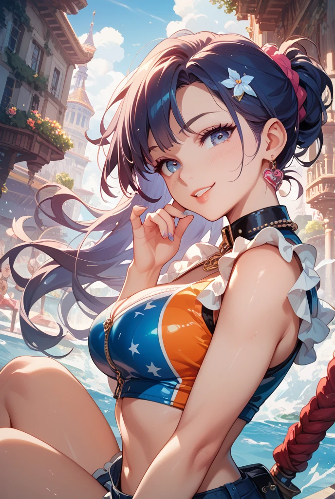masterpiece, best quality, highres, ddfumika, idolmaster, side ponytail, hairband, hair ribbon, blue bow, star hair ornament, sidelocks, large breasts, collarbone, necklace, strapless, frilled bikini, arm garter, single wrist cuff, midriff, layered skirt, bridal garter, beach, standing, smile, outstretched arms,
