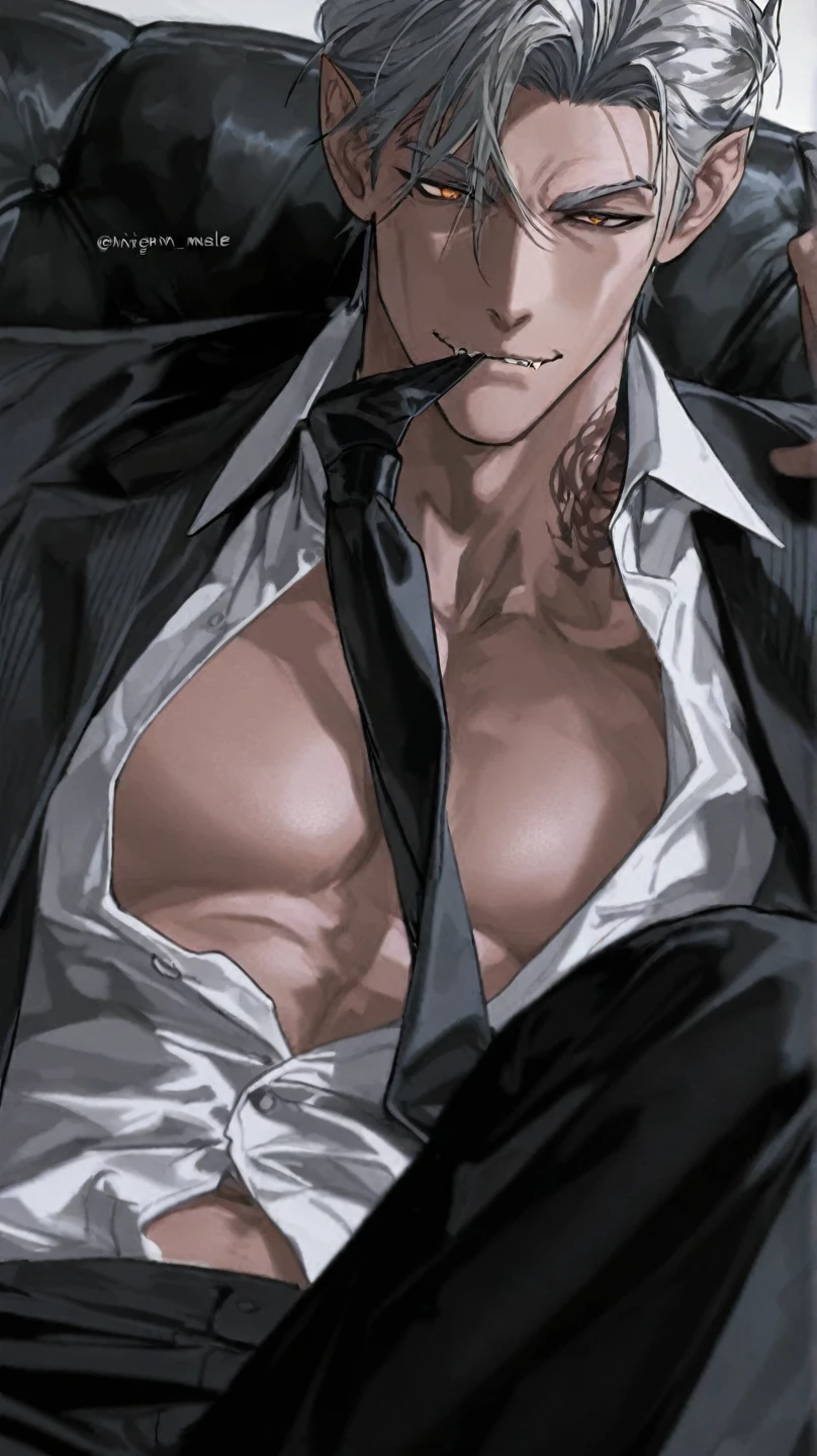 1 boy, male, solo, mafia boss, suit, nardack, ((lingerie)), blush, exposed lingerie, pants on