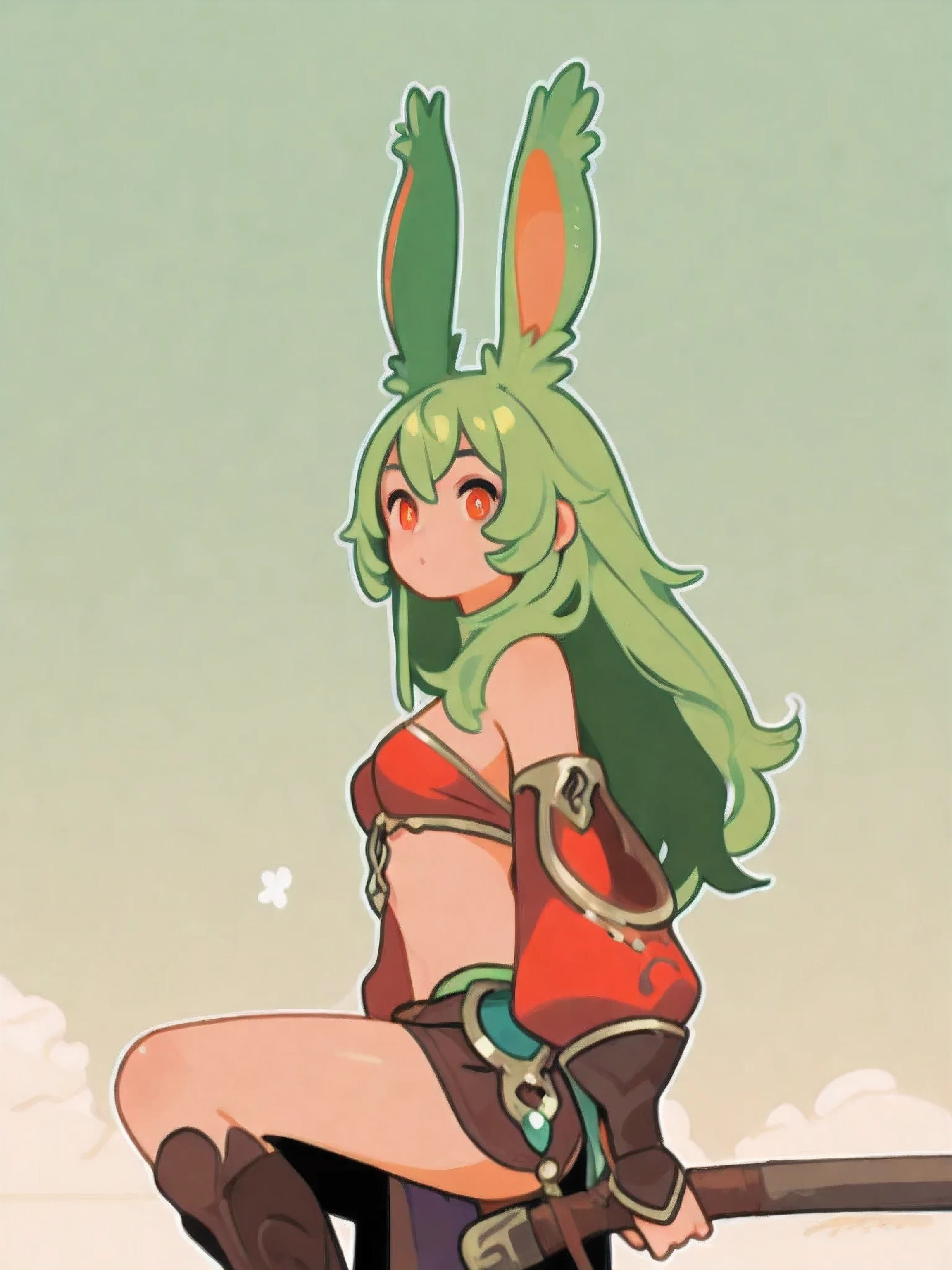 WallPaper, Beautiful, Young Viera with a Green Hair She has mastered the combat job of dancer, she is in her twenties, she has simple and loose clothes with an oriental look, she is located in a small valley, She has beautiful amber eyes and long, soft green rabbit ears. she are alone