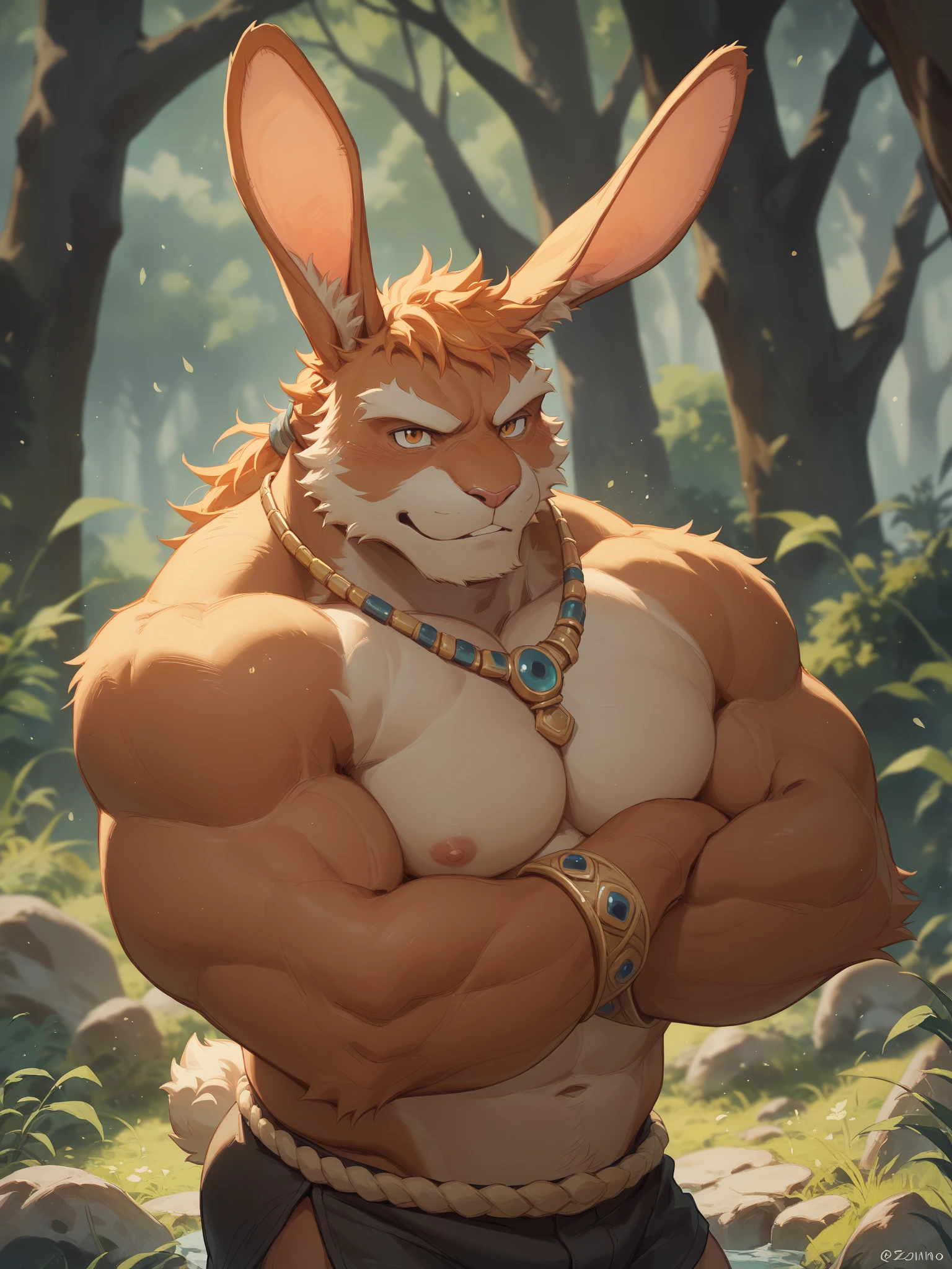 Light brown hare, in one color tone, with long ears, shirtless, chest, big chest view, abdomen, abs, six pack, ((furry focus, abdomen focus)) By mystikfox61, by kenket