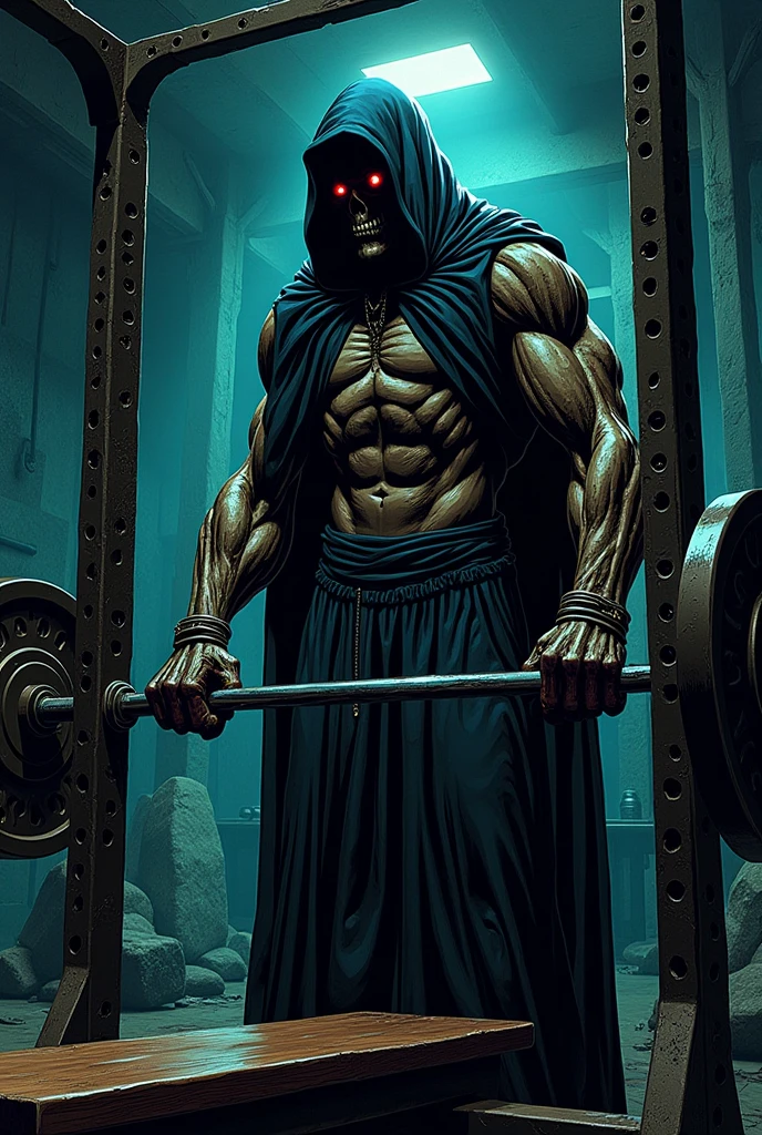 hooded demon in the gym weighing a thousand kilos