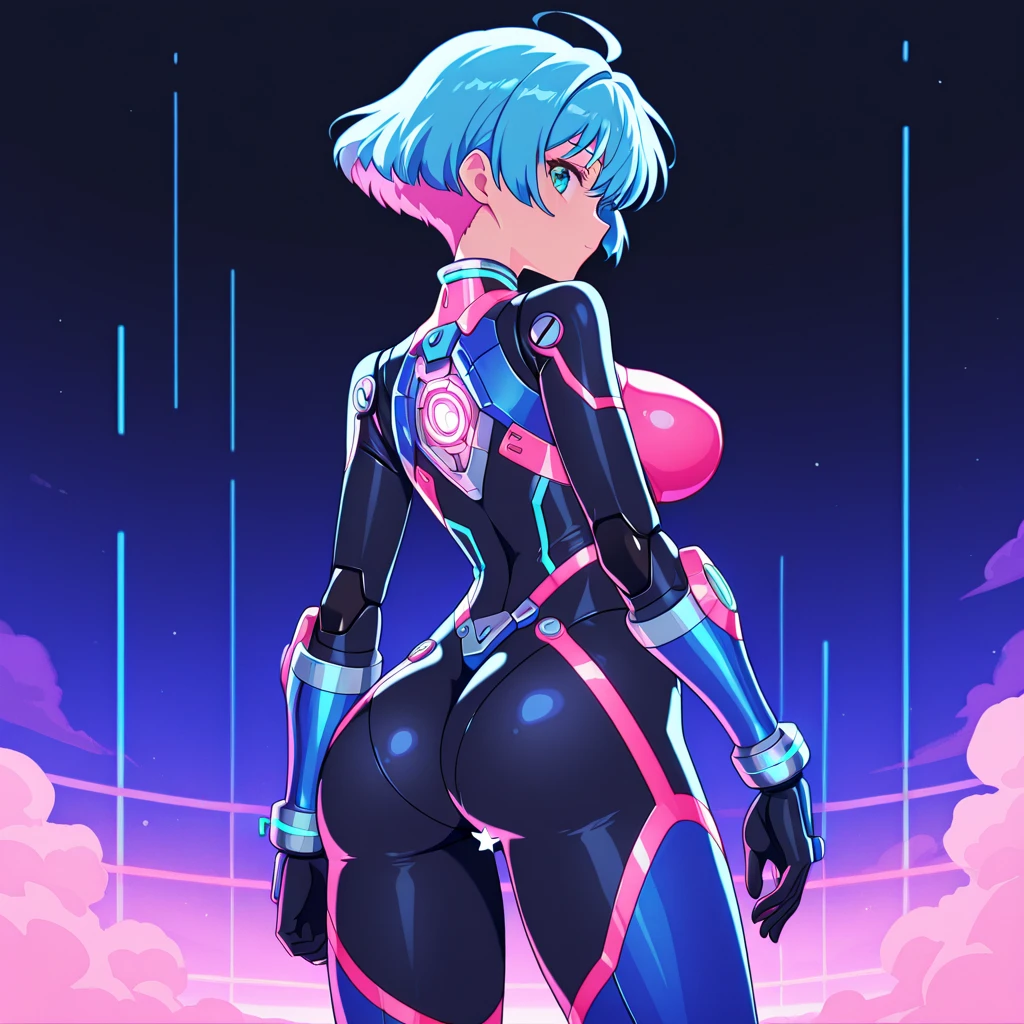 ultra-detailed, Explicit, Beautiful body, Beautiful Nose, Beautiful character design, perfect eyes, perfect face, ultra highres, 4K, beautiful legs, perfect legs, Nice hands, Perfect hand, Masterpiece, Best Quality, Highly detailed, illustration, absurdres, perfect anatomy, expressionless, blank eyes, emotionless,corruption, mind control, female combatant, full body, hypnotized, unhappy trance, full body suit, ribbed bodysuit, both arms at side, obey, perfect female body, looking at viewer, hypnosis, hypnoLora, empty eyes, Mind control device, poses, Slave, Fighting Stance,numbersuit, two-tone bodysuit:0.9, blue bodysuit:0.9, light blue bodysuit:0.9, (((pixel-perfect, detail-perfect))) 1girl, solo, hair ornament, small breast, Shy, SHORT HAIR, WHITE HAIR, RED EYES, HAIR BETWEEN EYES, (((from back, view from back, ass, looking from back, view from back)))