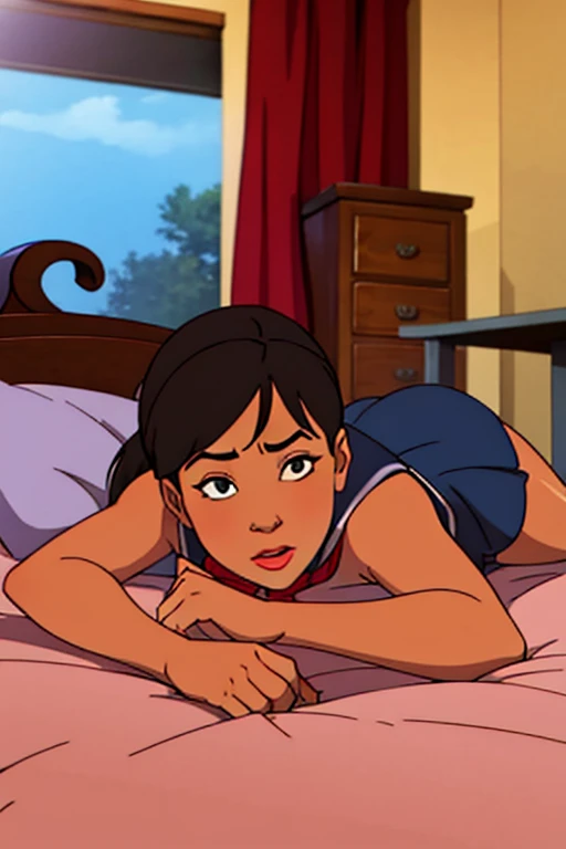 the legend of korra, masterpiece, best quality, solo, 1girl, tall and (muscular:1.1) korra, dark skin, dark-skinned female, smile, looking at viewer, lying on bed, short hair, sleeveless, bare shoulders, (two bare legs:1.1) <lora:the_legend_of_korra_v2_offset:1> <lora:thelegendofkorra_korra:0.9>