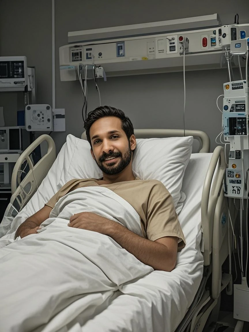 Brazilian man, light brown, 55 years old, lying in a hospital ICU connected to breathing apparatus and cardiac equipment