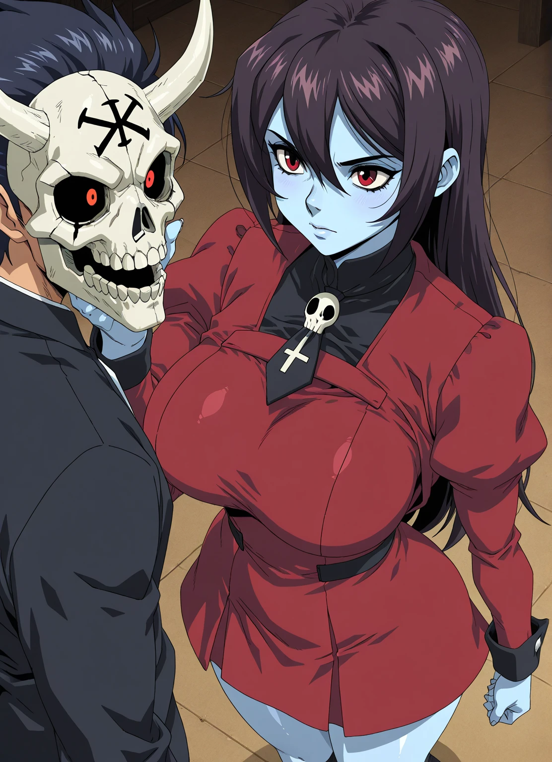 ecchi nsfw,ahegao, ecchi anime style (in lingerie, ecchi anime style, full body art, ecchi style, anime character; full body art, realistic - anime, ecchi, anime arts, seductive anime, high quality, best quality: 1.3)), wavy, 1 loli, solo, small breasts, looking at viewer, bare shoulders, open sleeves, hair over one eye, red eyes, side ponytail, a ponytail, loose collar, skull, ( (blue skin)), stitches, zombie, striped sleeves, stitched mouth, extremely detailed, highly detailed, perfect face, beauty, perfect eyes, ((skeletal arm, vivid tails, big butt, big lips)), baggy eyes, makeup , big eyelashes, cute, adorable, serious, ((leviathan: 1.3)), full body, (long skirt), in lingerie, ecchi anime style, full body art, ecchi style, anime character; full body art, realistic - anime, ecchi, anime arts, seductive anime girl, beautiful anime woman, ((loli)) nfsw