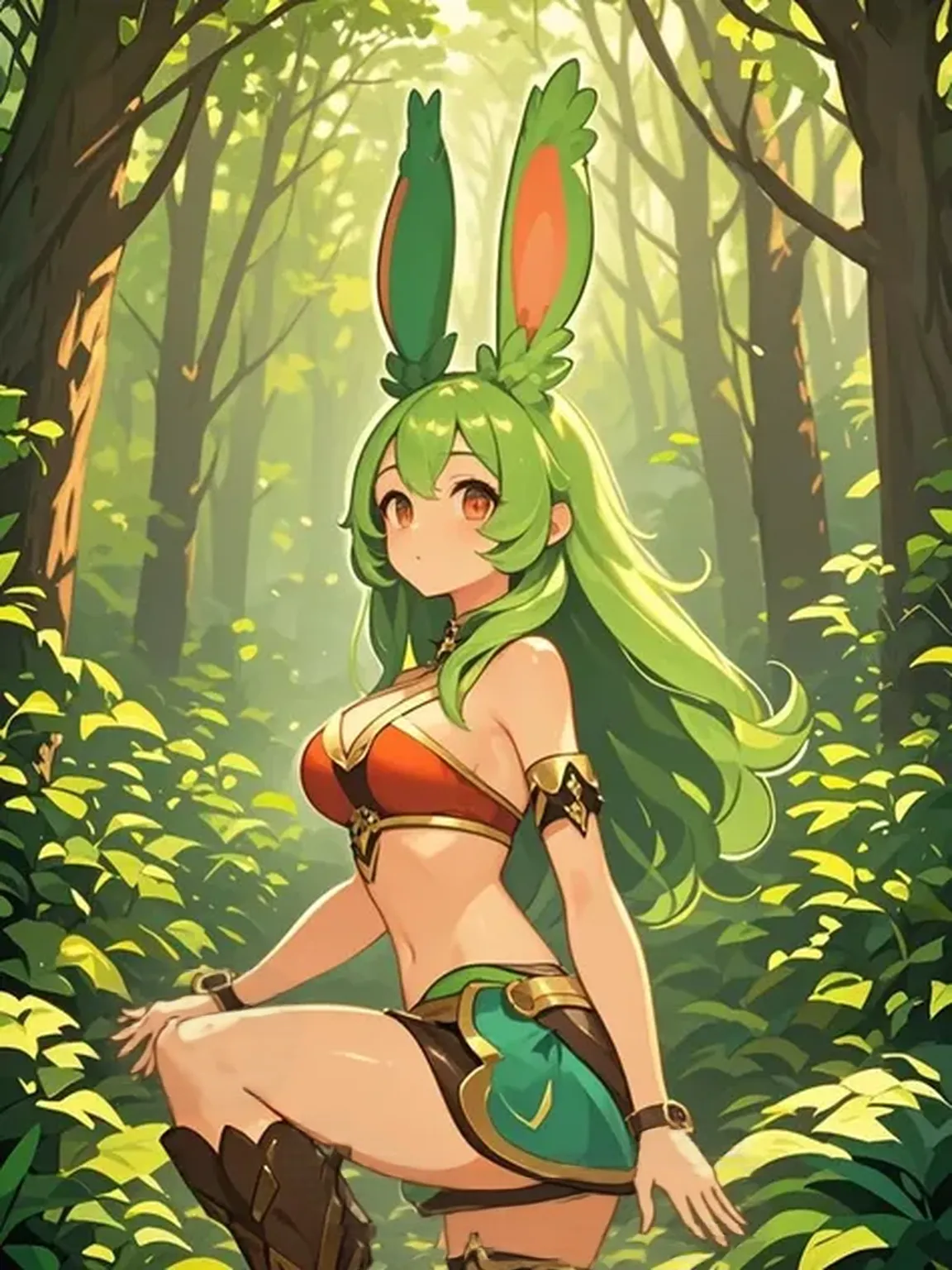 a cartoon picture of a woman with a green bandana and green scouter from dragonball, wearing no clothes, bunny ears, long wavy hair, saiyan girl