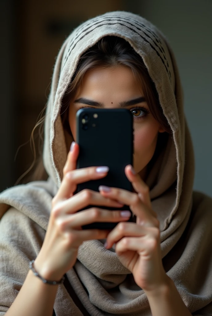 beautiful teenage indian fair girl in hijab, mirror selfie in a restaurant with samsung s23 phone, aesthetic and blur

