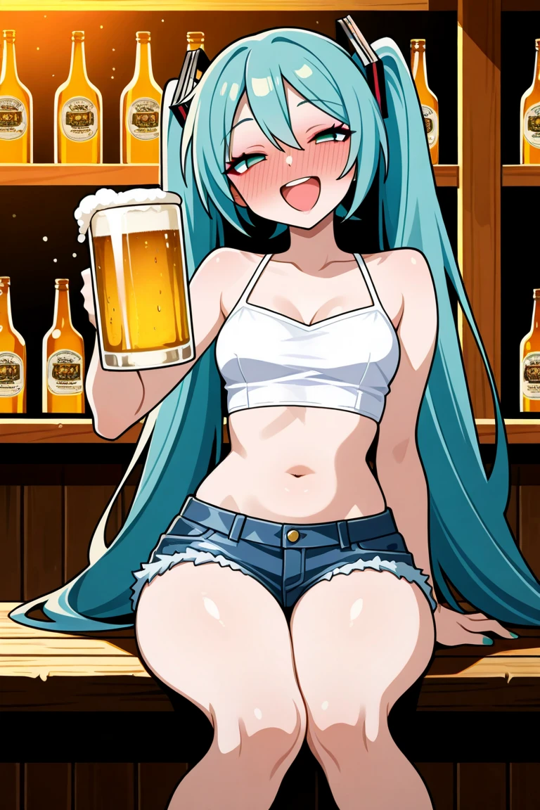 masterpiece, best quality, 1 girl, solo, kirlia, green hair, red eyes, female breasts, medium breasts, in a restaurant, tight t-shirt, underboobs, exposed belly, small shorts, tight shorts, orange color shorts, orange shorts, orange shorts, laughing, blushing, carries a beer mug in each hand.