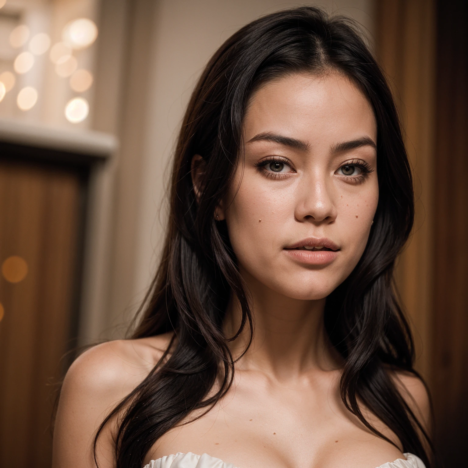 best quality, masterpiece, highres, woman about 20 years in front of the camera, white dress hair ornament, necklace, jewelry,Beautiful face, upon_body, tyndall effect, photorealistic, dark studio, rim lighting, two tone lighting,(high detailed skin:1.2), 8k uhd, dslr, soft lighting, high quality, volumetric lighting, candid, Photograph, high resolution, 4k, 8k, Bokeh,
