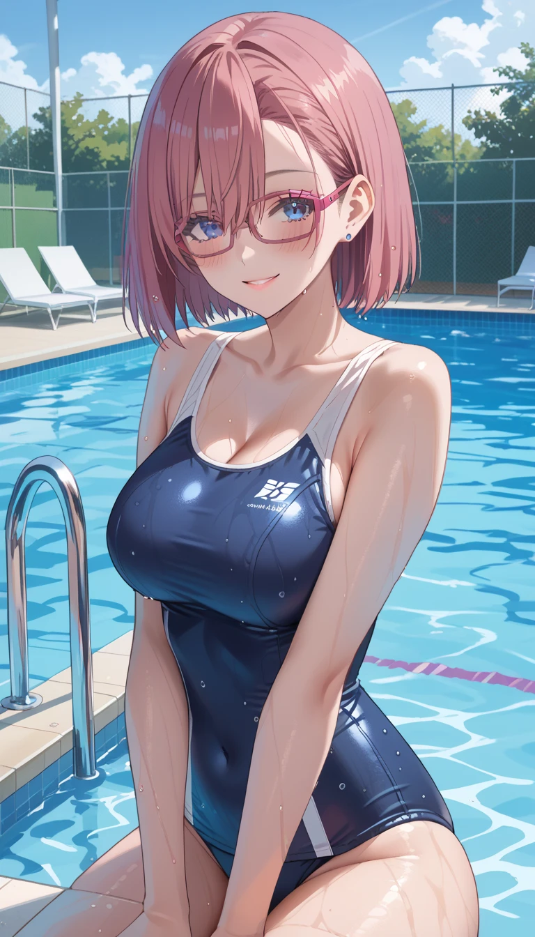 ((Highest quality, 8k, masterpiece :1.3)), (Sharp focus :1.2, Beautiful woman with perfect figure :1.4, Slim Abs), ((Big Breasts, Emphasize cleavage:1.2)), (Photorealistic:1.4), (realistic:1.4), (Pink Hair:1.5), Highly detailed face and skin texture, Fine grain, double eyelid. Makeup face, A little bit of lipstick, sex appeal, Sexy gravure pose, ((Black sailor suit and white skirt、Poolside background、Smiling female high school student holding a swim ring、Silver Bracelet。:1.3)