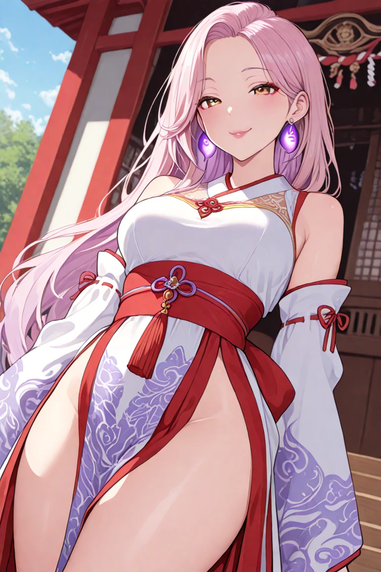 Yae_miko,Off-the-shoulder attire,(Lateral thoracic 1.3),(Large breasts),(No clothes around the neck 1.4),(No decoration on the chest),facial closeups,Raised sexy,NSFW,(cleavage 1.4),Top-down view,(Close-up 1.3), 10 year old girl, Purple eye, A pink-haired, obi strip, 独奏, ,ssmile,
tmasterpiece,Best quality,8K,(Dreamy background),the cherry trees,Greenery,grassy fields,with blue sky and white clouds,Light wind